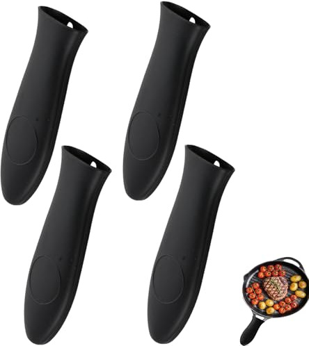 Solvio 4PCS Silicone Pan Handle Cover Set - Heat Resistant Pot Holder Sleeves for Cast Iron Skillets, Metal Frying Pans and Griddles, Non-Slip Washable Cookware Handle Protectors Black