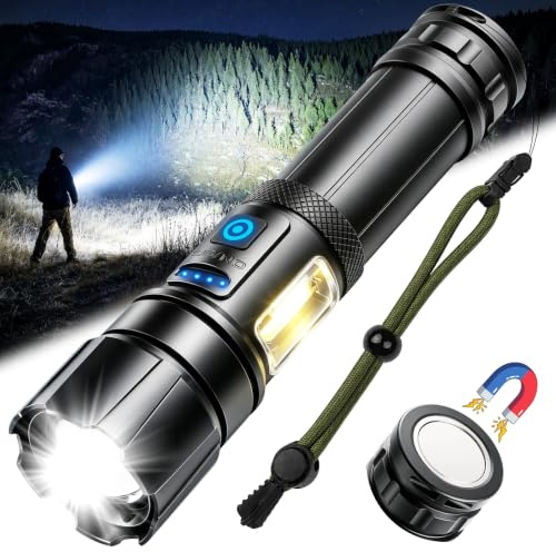RAYLON Linternas LED Alta Potencia 500000 Lúmenes Recargable Linterna | 9 Modos Militar Linterna con Luz Lateral Cob, Base magnética IPX6 Impermeable Linternas Potentes Para Emergencia Camping