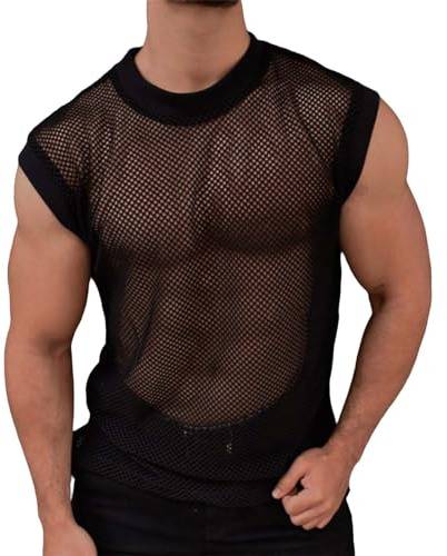 Nättröja för män – linne män sexig nätskjorta andas nät armhålor glitter transparent t-shirt ärmlös nättopp män ihålig undertröja för nattklubb festival