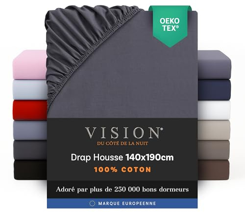 Vision Drap Housse - 100% Coton Lit Double (140x190cm) - Gris Anthracite | Coins Élastiqués | Tissage Serré: Doux | Convient aux Matelas Jusqu’à 25cm | Lavable en Machine | Certifié Oeko-Tex