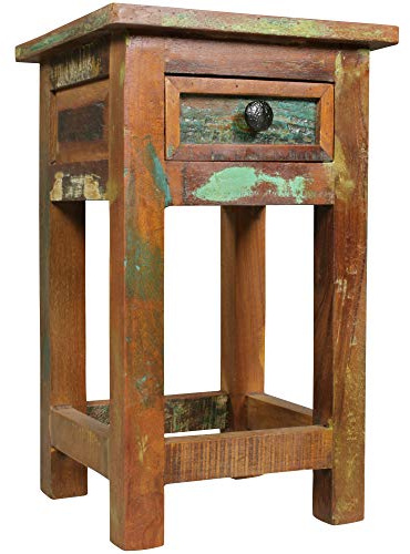 FineBuy Beistelltisch KALKUTTA 30x30x50 cm Massivholz mit Schublade | kleine Nachtkonsole im Shabby Chic Stil, Nachttisch fürs Schlafzimmer, Echtholz handgefertigt, Unikat