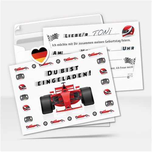 Einladungskarten Kindergeburtstag Formel 1 Rennen Kart fahren - 8 Karten mit Umschlägen – Made in Germany – Kinder Geburtstag Einladung zum Ausfüllen (vorausgefüllt)