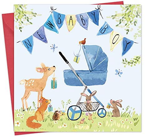 Twizler carte de naissance garçon avec landau Bleu, fanions et animaux de la forêt – carte de naissance garçon – Naissance Essentials – carte de félicitations