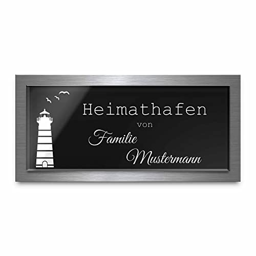 Premium Türschild aus Hochglanz Acrylglas und V2A Edelstahl | Namensschilder mit Gravur und Motiven Familienschild Türschilder für die Haustür mit Namen selbstklebend oder mit Bolzen 21x10 cm