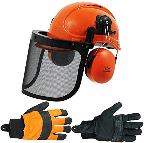 SPARES2GO Sicherheitshelm für Kettensägen mit Netzvisier, Ohrenschützern und Handschuhen