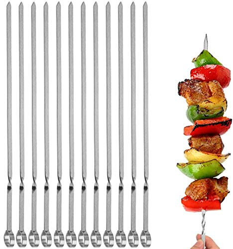 12PCS Kabob Skewers Flat Metal BBQ Barbecue Skewers 16 Long Hook Style Stainless Steel Shish Kebob Sticks Wide Sharp Reusable Grilling Skewers Set for Meat Shrimp Chicken Vegetable, 12 Pack