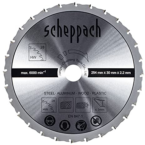 Scheppach HW-Universalsägeblatt Kreissägeblatt | Ø254 x 30 x 2,2mm | 28 Zähne | passend für die Kappzugsäge, Kappsäge, Gehrungssäge HM110MP | für Vollholz/Laminat | 7901202706