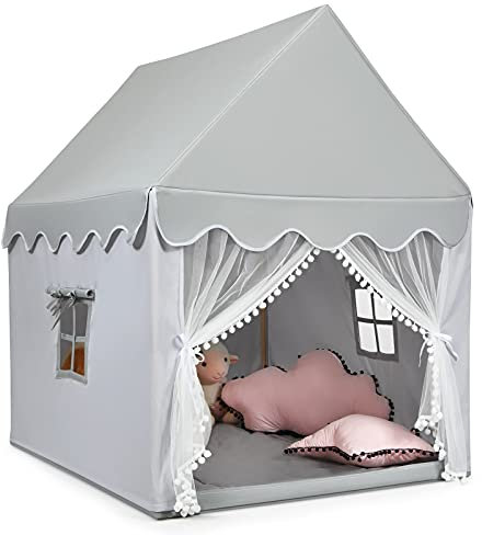 COSTWAY Kinderzelt Indoor, Kinderspielhaus für Jungen Mädchen Prinzess Prinzessin, Kinderspielzelt mit Massivholzrahmen & Baumwolldecke, Kinder Spielhaus für Drinnen, 120x105x140cm (Grau)