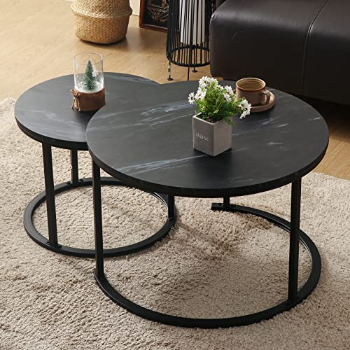 BIGTREE Juego de 2 mesas auxiliares redondas de madera, mesa de café moderna para sala de estar, juego de mesas auxiliares laterales con marco de metal para sala de estar, balcón, oficina (negro)