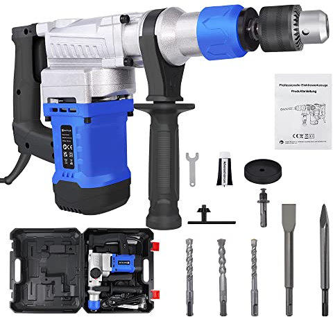Rotary Hammer Drill Kit with 3 Function, Hammer Drill for Drilling Masonry Brick Metal, Powerful Drilling with Accessories, Chiselling Machine with 360° Rotary Handle and Case