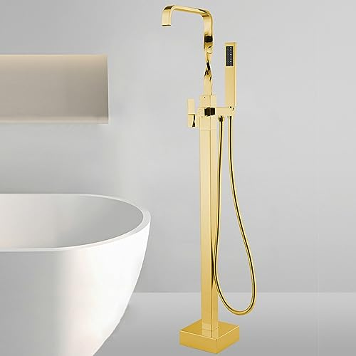 Standarmatur Freistehend Wannenarmatur Wasserfall, Flacher Auslauf 360° Schwenkbar Freistehende Badewanne Mit Armatur,Gold
