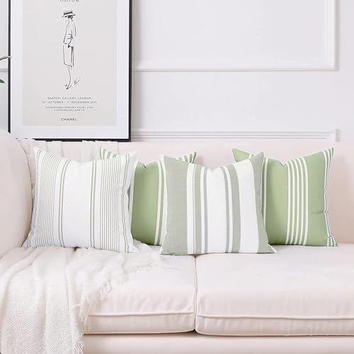 Homefeelzydys Farmhouse Stripe Check Throw Pillow Covers Pack of 4 45x45cm Cotton Decorative Pillowcases Cushion Cover for Couch Bench Sofa