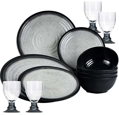 Melamin Geschirr Set für 4 Personen Grau Granit-Optik 16 Teile - mit grauen Trinkgläsern 410 ml - Campinggeschirr Geschirrset Tafelgeschirr - Spülmaschinengeeignet Tableware Outdoor Camping