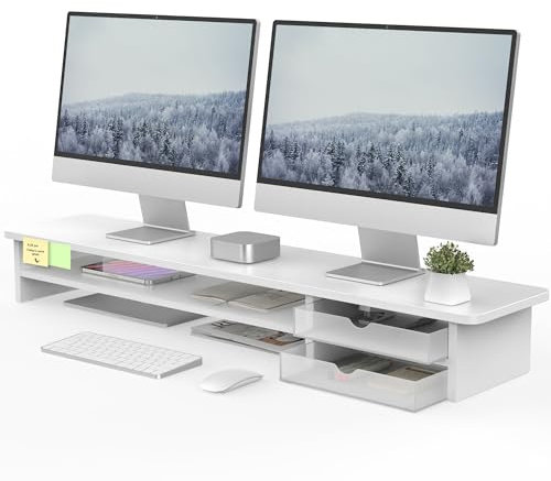 Fenge Dual Monitorständer Riser mit 2 Acryl Schubladen 108cm Große Computer Bildschirmständer für PC/Laptop/Fax/Drucker/TV Bildschirm,Weiß