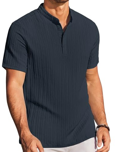 COOFANDY Men Casual Short Sleeve Henley Shirt Band Collar Summer Beach Textured Shirts Blueviolet L