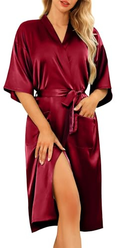 Lovasy Kimono de Satén Mujer Largo Sexy Japones Kimono Albornoces de Casa Novia y Dama de Honor con Bolsillos y Cinturón,Rojo púrpura,XL