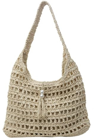 CXINLky Strohtasche Damen Stroh Umhängetasche, Sommer Groß Stroh Shopper mit Quastenanhänger, Gewebte Strandtasche Tragbare Handgewebte Straw Handtasche für Strand Reise Outdoor-Beige