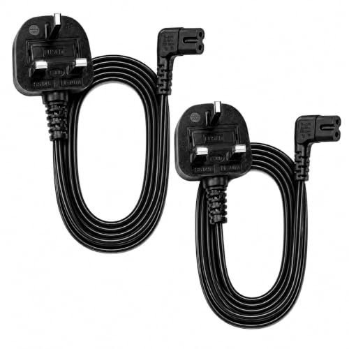 FASTRONICS® Right Angle Figure 8 Power Cable (IEC-C7) –2-Pack 3M | UK 3-Pin to C7 Mains Lead | 100% Copper | BS1363 Safety Approved | For Samsung/LG TV, PS4, PS5, Sky, Speakers
