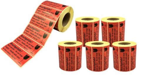ARLI Vorsicht Glas Warnetiketten 6 x Rollen mit 1000 Etiketten pro Rolle Warnaufkleber Bruchgefahr Transportetiketten für Versand Glaswaren zerbrechlich Handle with Care Keep Dry (6000 Etiketten)