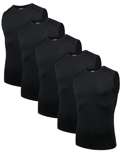 AMZSPORT Confezione da 5 Canotte da Uomo Traspiranti Maglia a Compressione, Maglia Funzionale, Maglia da Corsa, Canotta Senza Maniche per Sport, Palestra, Fitness e Running Nero XL