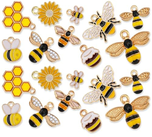 20pcs Pieces Bee Charms Rhinestone Bee Pendants Cute Craft Supplies Bulk Metal Charms for DIY Necklace Bracelet Jewelry Making Earrings Keychains Bangle Making