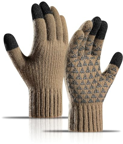 Long Keeper Winterhandschuhe Damen Herren Dicke Warme Handschuhe Rutschfest Touchscreen Winter Strickhandschuhe Gestrickte Thermo Handschuhe Gefüttert Gedehnt (Khaki)