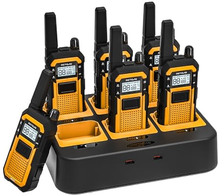 Retevis RB648 Walkie Talkies for Adults, Heavy Duty 2 Way Radio with 6 Way Charger, IP67 Waterproof, Shock Resistant, 2000mAh, Rugged Walkie Talkie for Jobsites Industrials (6Pcs, Yellow)