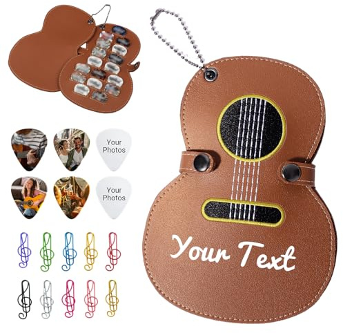 OXYEFEI Personalisierte PU Leder Gitarren Plektrum Halter Etui, Celluloid Pick für Akustikgitarre E-Gitarre Bass Ukulele Musikgeschenk für Gitarristen und Musiker Kostenlose Anstecknadel (Gelb-braun)