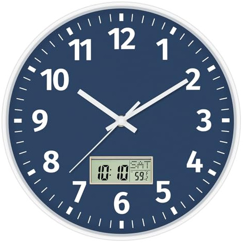 Foxtop Digital Wall Clock with Time, Day of Week and Temperature, Silent Non-Ticking Battery Operated Round Digital and Analog Wall Clock for Classroom Office Bedroom Home School (12 Inch, Blue)