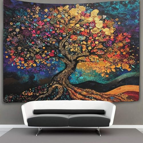 kaiyun Ölgemälde-Stil Tapisserie Baum des Lebens Tapisserie Wandbehang Wandteppiche Für Schlafzimmer Wohnzimmer Wohnung Wohnheim Dekorationen Wandkunst Dekor 100cmx150cm
