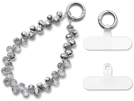 MORSUNBELA Handykette Kurz Silber Handgelenk Perlen Handyanhänger Handyschmuck Handschlaufe Handy Anhänger