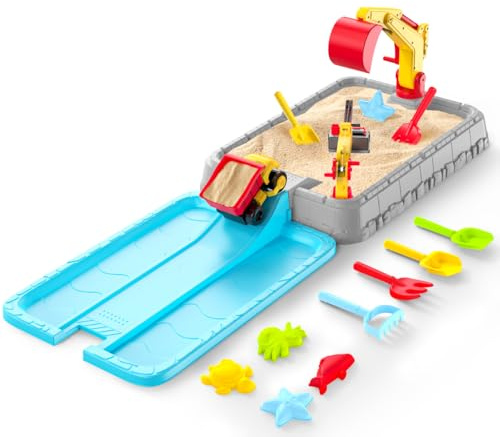 Handwell Construction Sandbox Toys for Kids Toddler Sand Box Outdoor Activity Sensory Playset 8PCS Beach Accessories,Dump Truck,Excavator,Crane Sand Pit Digger Toy Summer Gifts for Boy Girls 3 4 5 3-5