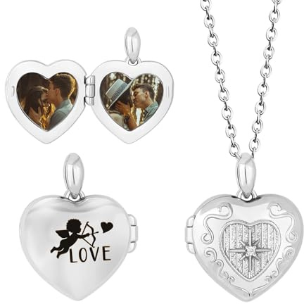 Kiddo Sky Collier Personnalisé Love God Cupidon Image à l'intérieur pour Femme, Pendentif Photo en Cuivre avec Médaillon en Forme de Cœur Délicat, 18 + 2 Pouces avec Boîte Cadeau (Argent)