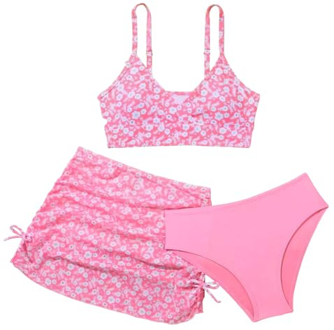 Happy Cherry Ragazze 3 Pezzi Bikini Costumi da Bagno Bambina Costume Mare Spiaggia Piscina Motivo Floreale con Gonna Estiva Swimwear con Imbottitura Rimovibile Rosa 12-13 Anni