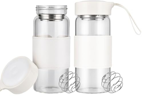 TELAIN Shaker Proteinshake glaskannor för fitness, 2-pack 473 ml BPA-fri, luktfri shaker-flaska med 304 rostfritt stål blandningsboll och avtagbar rengöringsborste för proteinshakes (vit-2-pack)
