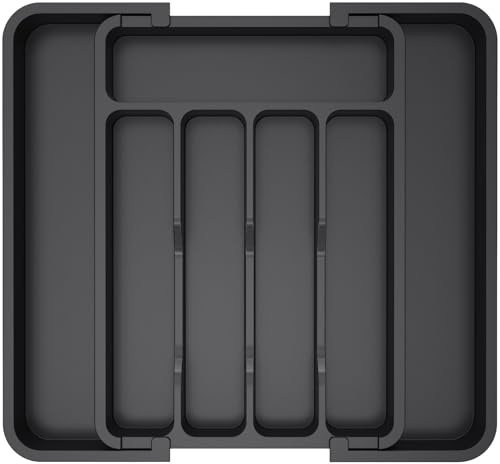 Lifewit Cutlery Drawer Organiser, Extendable Cutlery Tray, 7 Compartments, Kitchen Drawer Organiser Utensil Spoons Forks Knives, Small, Black