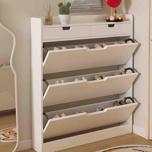 Narrow Solid Wood Shoe Cabinet with 3 Flaps & 2 Drawers, Shoe Tipper for 13 Pairs, White Shoe Chest with 3 Deep Compartments, Ideal for Hallway & Living Room - 80×17×121 cm
