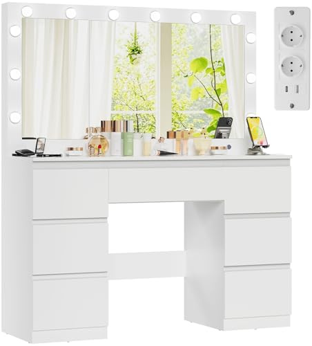Devoko Großer Schminktisch mit LED-Beleuchtung und Steckdosen,Frisiertisch mit 105cm Spiegel und Schmuckschrank,Kosmetiktisch mit 7 Schubladen,für Mädchen Schlafzimmer,120x40x140cm Weiß