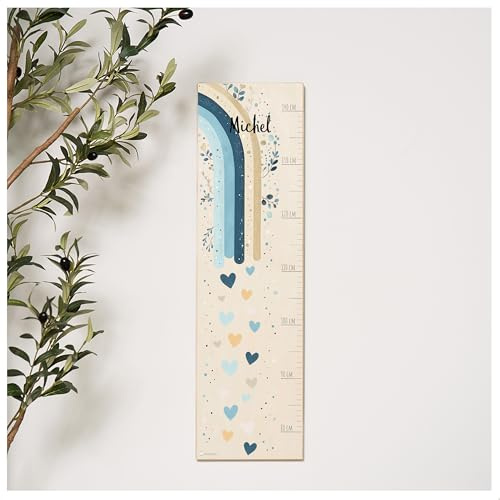 Muckelmeister Personalisierte Messlatte Kinder Holz - Regenbogen blau Junge | 80-140cm, Regenbogen blau Boho, Dekoration für Baby- & Kleinkinderzimmer, Geschenk zur Geburt, Deko Kinderzimmer Jungen