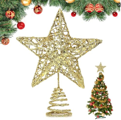 Christmas Tree Topper, Gold 3D Hollow Glitter Tree Star, 8 Inch Metal Christmas Treetop Star for Xmas Tree Topper, Christmas Home Decorations