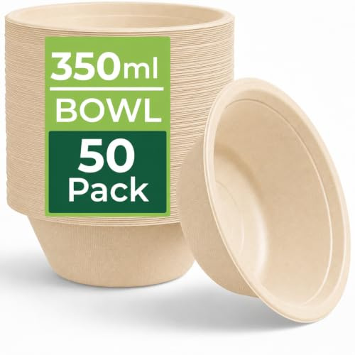 Strong Paper Bowls (350ml / 50 Pack) Disposable Compostable Natural Bagasse Bowls for Party – Biodegradable Eco-Friendly Microwavable Soup Bowl for Dessert Milk Salad Cereals - Christmas, Weddings