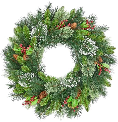 60cm Pre-Lit Decorated Wreath, Christmas Wreath for Front Door, Christmas Door Wreaths with Lights & Red Berries & Pine Cone, Artificial Xmas Garland for Christmas Decorations