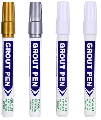 4 Pcs Grout Pen, White, Grey, Gold, White Grout Pen for Tiles, Effortless Application, Waterproof & Mouldproof, Renews Bathroom, Kitchen, Floor & Wall Tiles