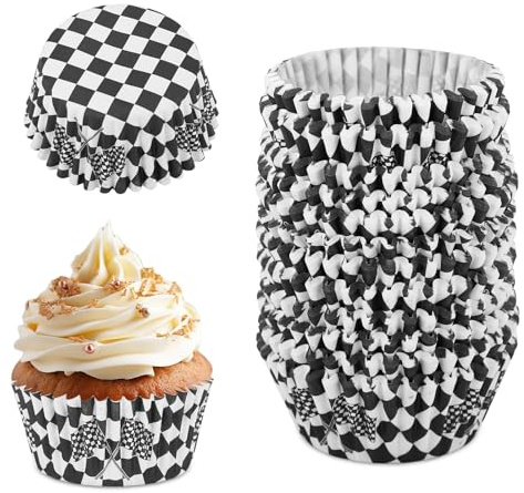 300 St. Muffinsformar med Racerbilstema, Svartvita Pappersformar Rutiga Muffinsformar Festtillbehör för Födelsedagsfest Dekorationer och Dessertdisplayer