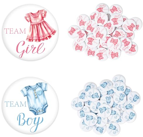Whaline 60Pcs Gender Reveal Button Pins White Blue Pink Baby Clothes Team Boy or Girl Button Badges for Birthday Baby Shower Party Game Supplies