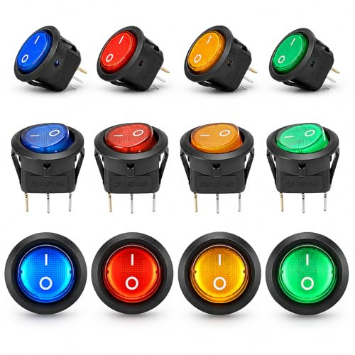 Linkstyle 12 Stück Wippschalter 12V 20A, SPST 3 Pin Rund Kippschalter EIN/AUS Schalter mit Rot Blau Grün Gelb LED, für Auto Boot Wohnmobil LKW Marine