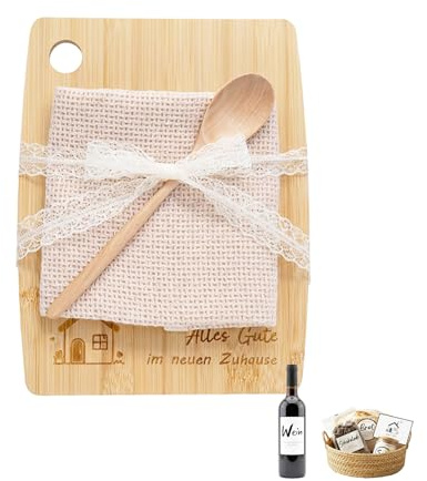 Geschenk zum Einzug – Brotkorb Set mit Holz Schneidebrett, Kochlöffel, Küchentuch & Aufklebern für Salz, Wein, Brot und Schokolade, Traditionelles Einweihungsgeschenk für Haus, Wohnung oder Richtfest