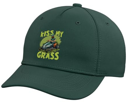 Lawn Mower Racing: Kiss My Grass for Men Adjustable Printed Baseball Hat, Dark Green