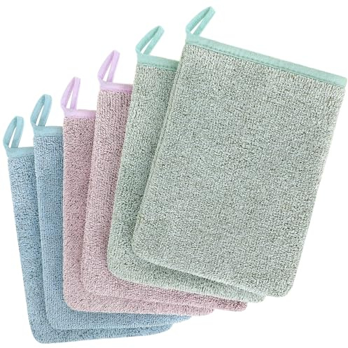 COZYMIRE Manoplas Baño en Microfibra 15 x 20 cm Guantes para Lavarse Morbidi e Assorbenti Manopole Riutilizzabili con Cordón Apto para Pieles Secas, Grasas y Sensibles 6 Piezas-023