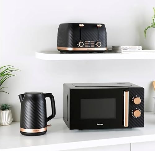 Goodmans 3-Piece Kitchen Set with Microwave, 4-Slice Toaster and Kettle, Black and Rose Gold, Textured